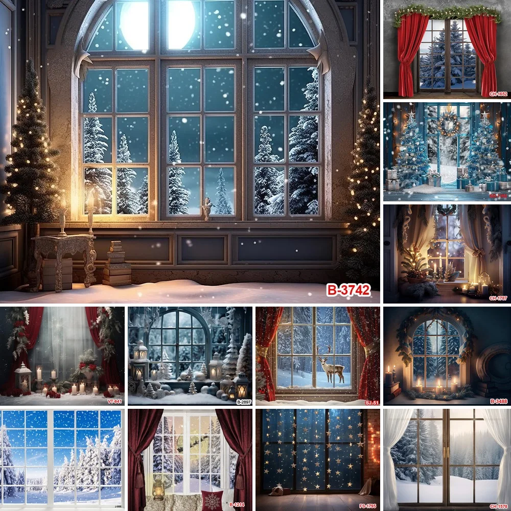 Winter Window Photography Backdrop Moonlit Snow Views with Draped Curtains and Seasonal Room Decor for Family and Kids Portraits