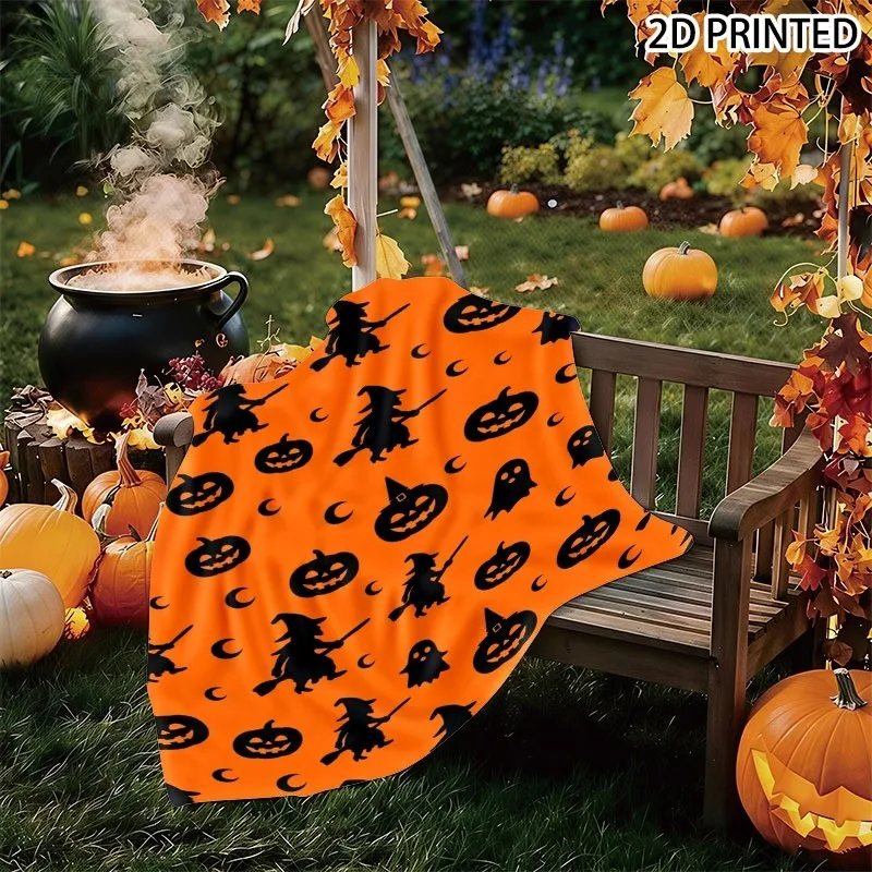 Halloween Themed Throw Blanket, Orange Background with Black Silhouette Witch, Pumpkin, & Crescent Moon Pattern, Multiple Specif