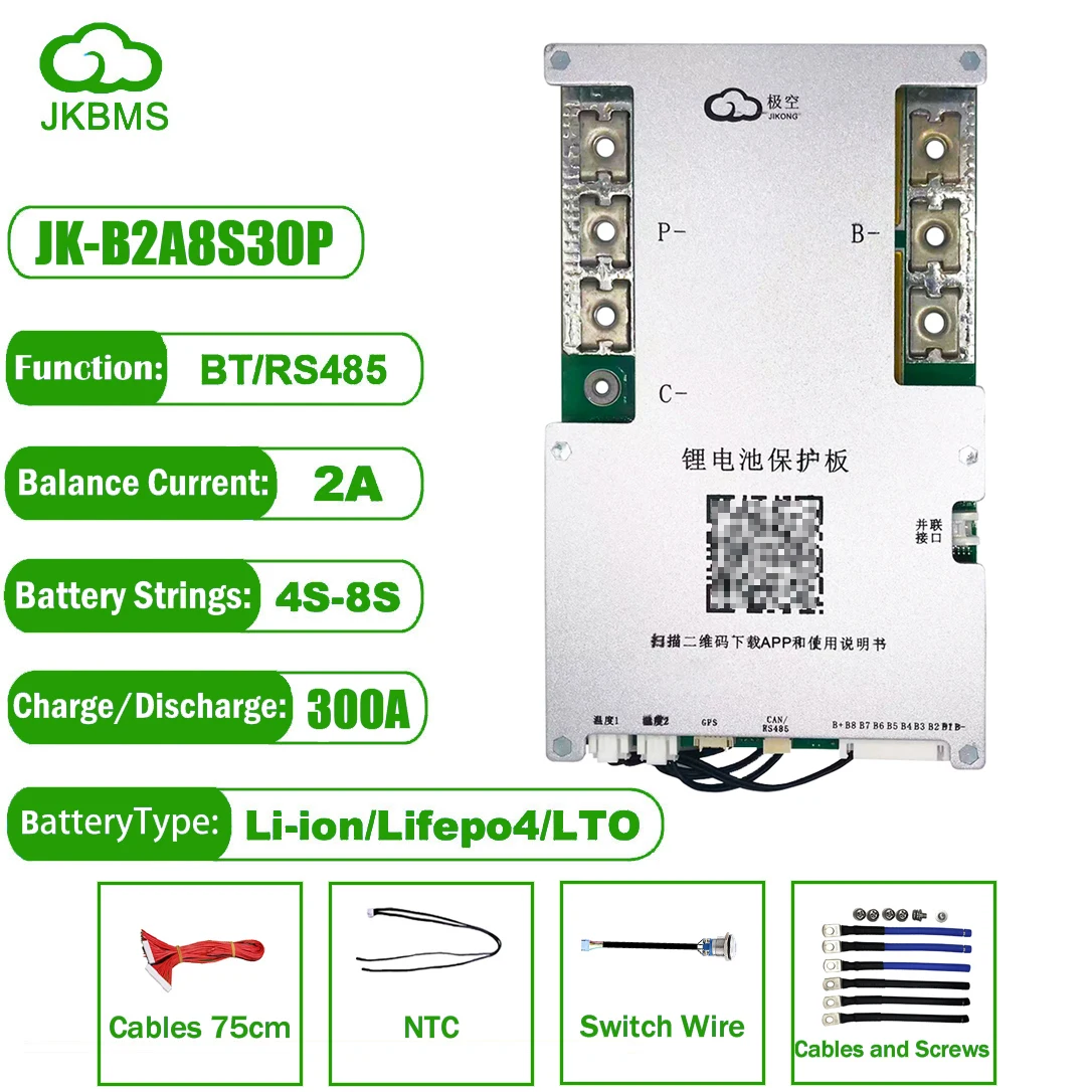 

JK BMS 300A JK-B2A8S30P Smart 18650 2A Active Balance 8S 24V Lifepo4 Battery Ebike JIKONG 4S 12V 5S 6S 7S RS485 Li-ion Camping