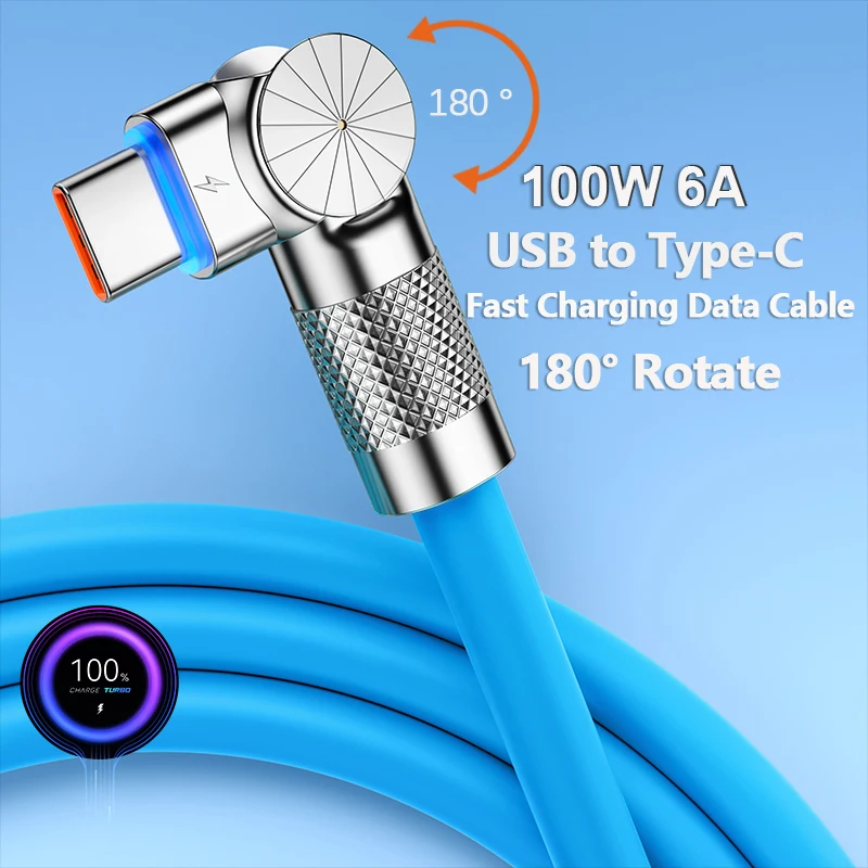 100W 6A 180 Degree Super Fast Charging Data USB Type C Cable For Xiaomi Huawei Liquid Silicone Elbow Car Charger Cable for Game