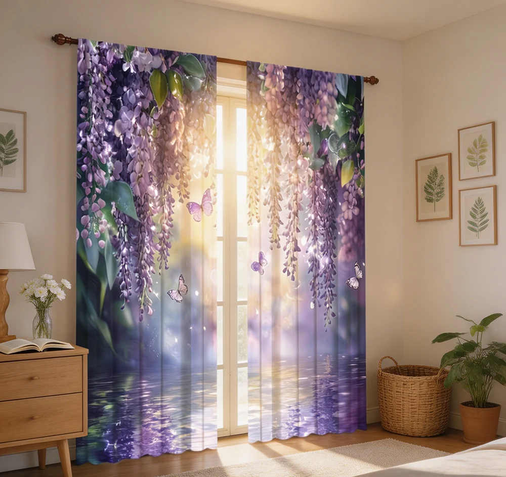 2PCS Digital Printing Curtains, Purple Wisteria Flower Butterfly Water Reflection Pattern, Dreamy Romantic Floral Home Decor