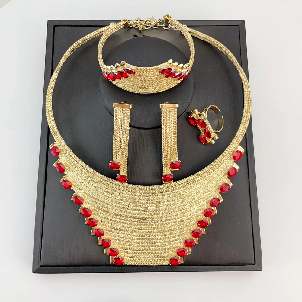

EMMA African Women Necklace Earrings Bracelet Wedding Dress Up Accessories Italian Gold Plated Jewelry Set FHK21533