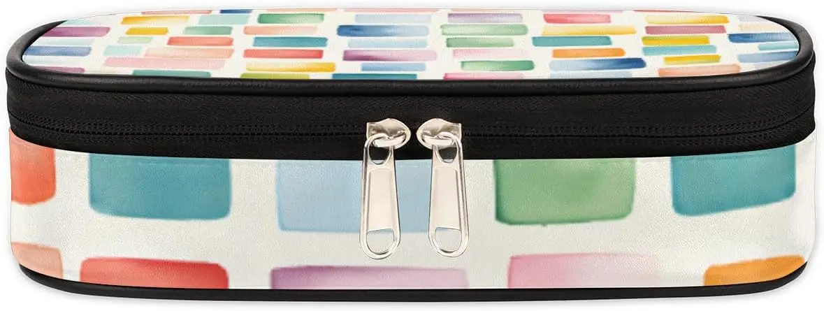 Colorful Blocking Texture Leather Pencil Case Pen Holder Large Capacity Stationery Organizer Pencil Bag for Boys Girls Geometric