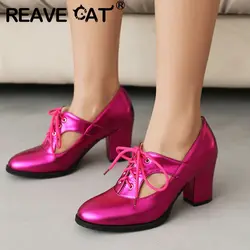 REAVE CAT Women Pumps Round Toe Chunky Heels 7.5cm Lace Up 48 49 50 Shallow Office Lady Daily Shoes Gold