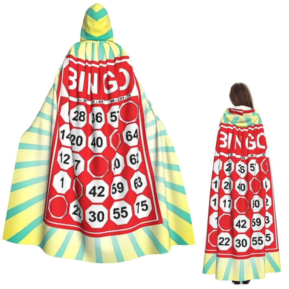 Bingo Card And Ball Long Hooded Cloak Witch Medieval Costume Cosplay Cape HalloweenCoat Adult Unisex