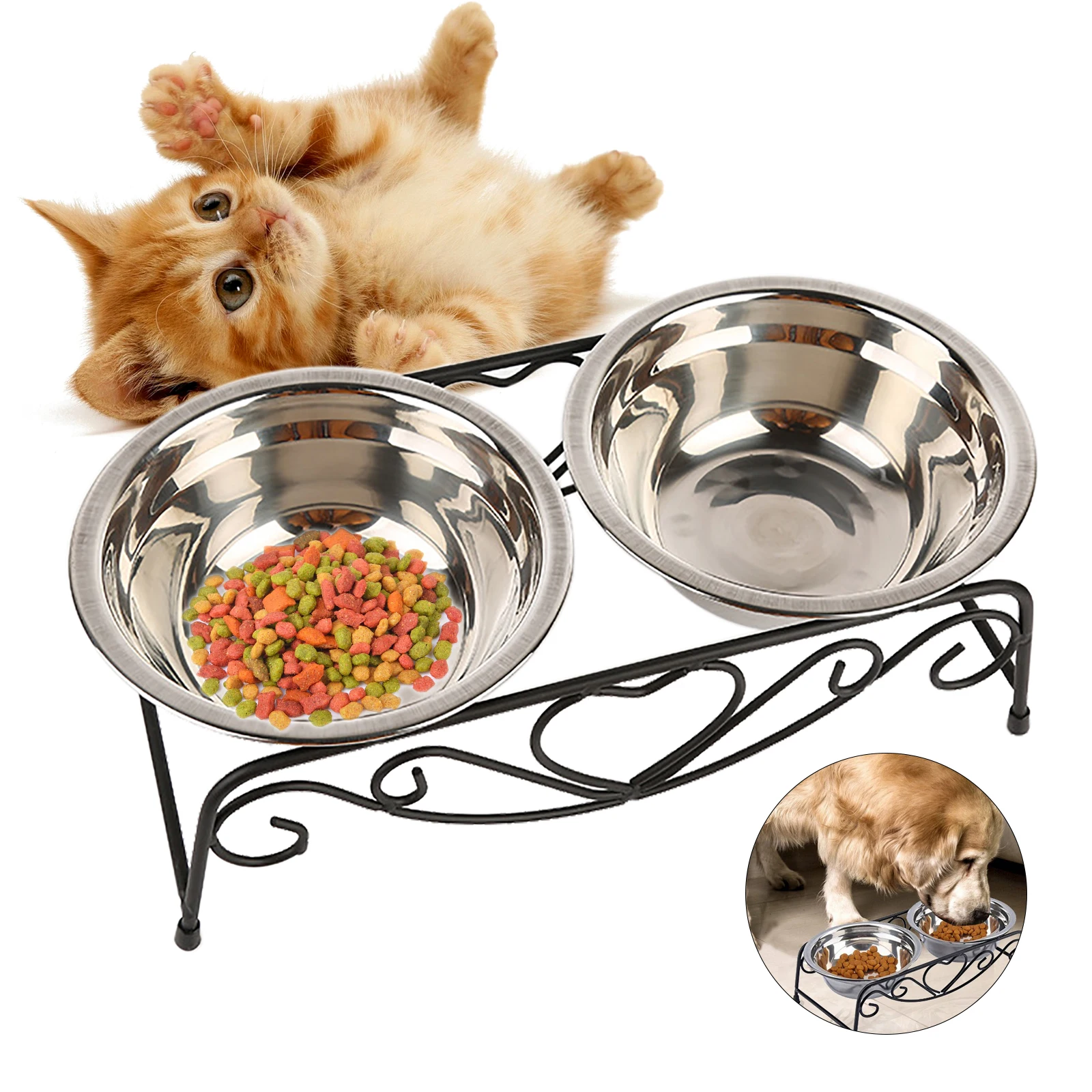 Stainless Steel Cat Bowl Feeding And Water 2-Bowl Feeding Station Non-Slip Cat Accessories with Stainless Steel Rising Stand