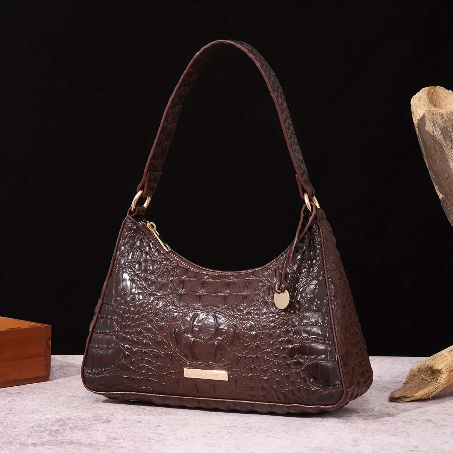 

Crocodile Embossed Underarm Bag, Vintage Design Shoulder Bag, Women's Solid Color Zipper Purse