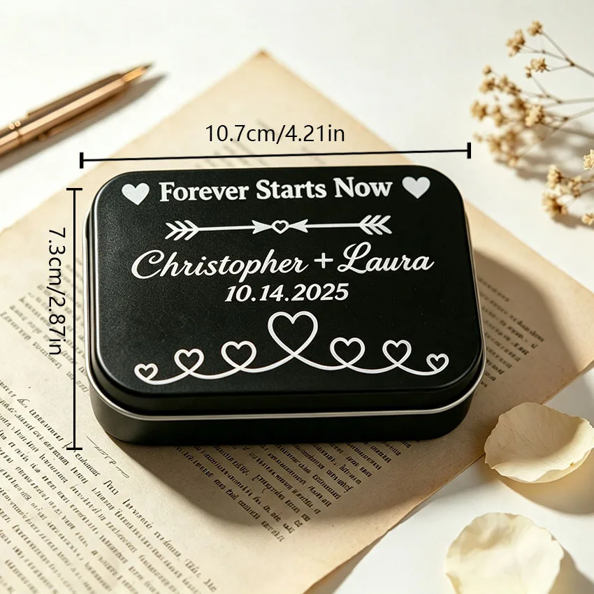 Customized Personalized Black Metal Tin Box, with the Ability to Customize Exclusive Text. Storage Box, Can Hold Rings, Small Keepsakes, and Cherish Precious Memories. Suitable as a Surprise for Valentine's Day or a Heartfelt Gift for a Wedding Anniversary.