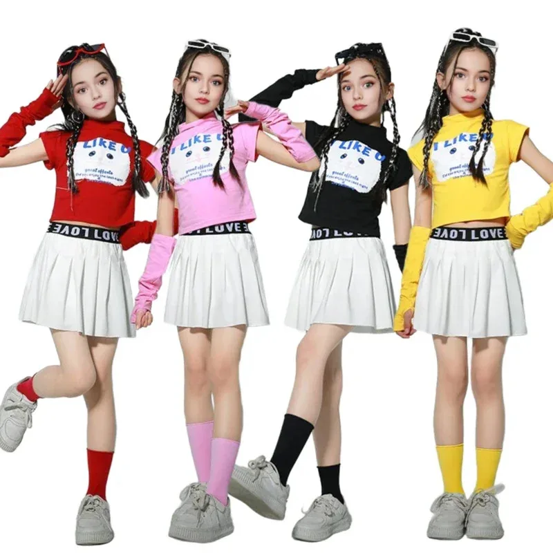 かわいいドーパミンカラーのジャズダンスコスチュームパフォーマンス、スイートクールな子供用キャットウォークガールズヒップホップスーツ、ファッションショートパンツスカート-2'd、