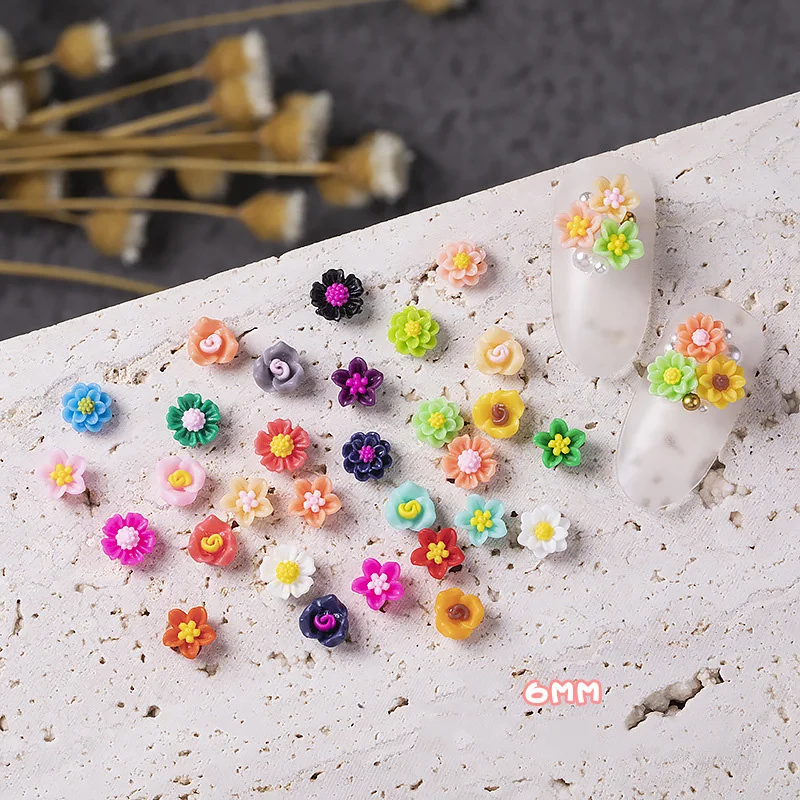 100Pcs Mixed 6mm Mini 3D Rose Flower Flatback Resin Cabochon Nail Art Manicure Decoration DIY Charms Nails Stickers Accessories