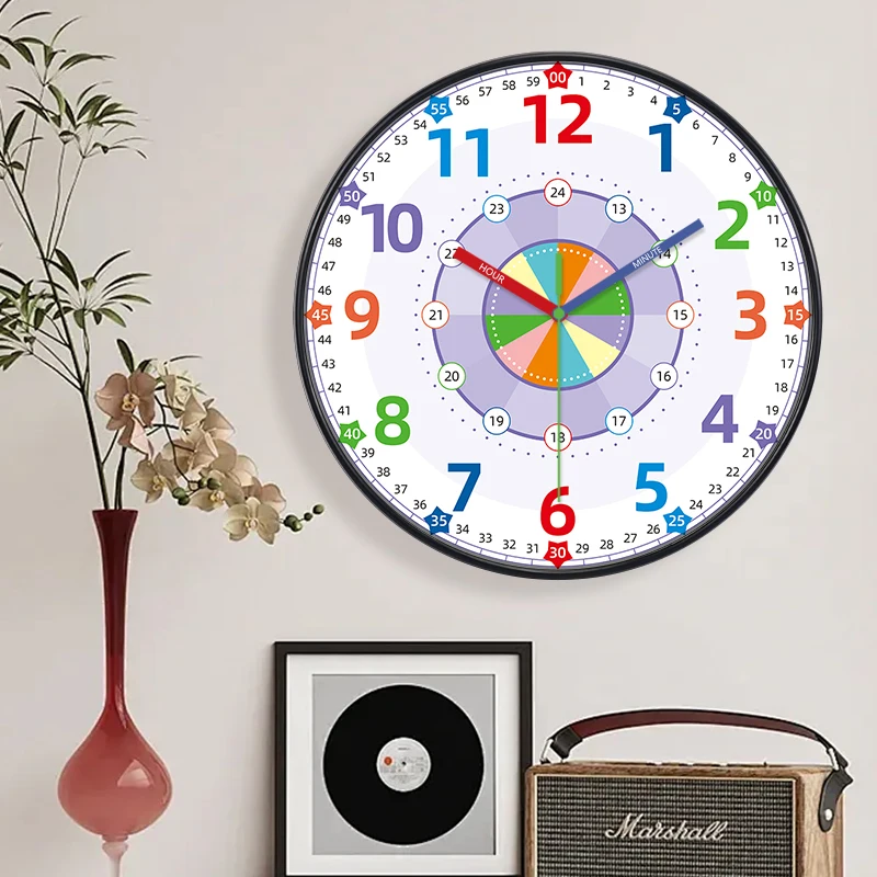 Kids Educational Wall Clock Colorful Rainbow Dial Dual 12/24H Time Markings Learn Time Easily Art Decor for Classroom Bedroom