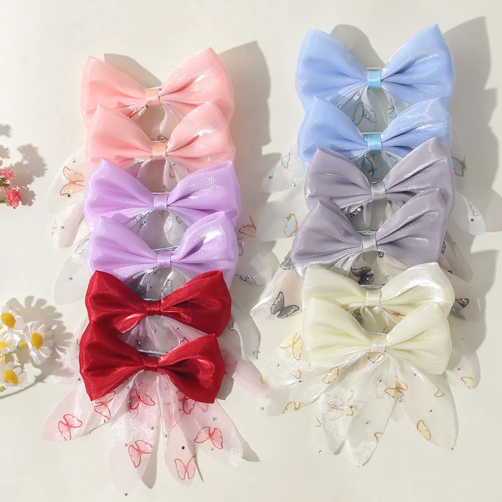 

Hair Bow Hairbang Hairclip for Girls 2Pcs/lot Sweet Cheer Bow Stain Headdress Claws Chiffon Printing Gift Hair Accessories
