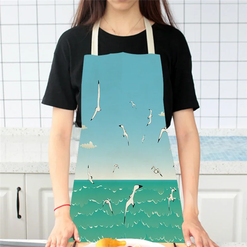 Household Items Seagull Lighthouse Sailboat Pattern Kitchen Aprons for Woman Man Home Cooking Baking Cleaning Apron