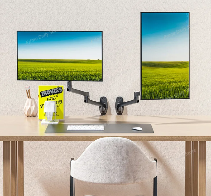 Wall & Desktop Dual‑Monitor Gas Spring Arm, Rotatable Height Adjustable Dual Screen Bracket for LCD Computer Displays