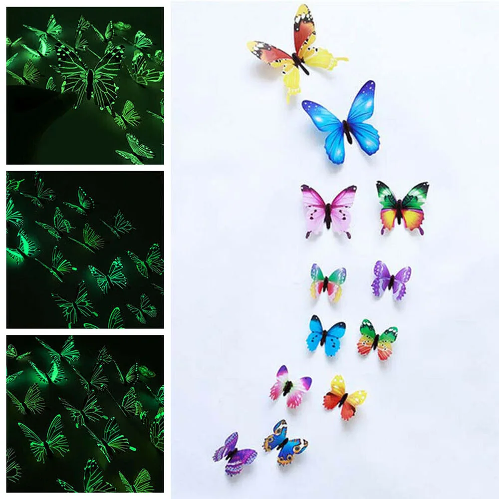 Glow in the Dark Butterfly Sticker, 3D Threedimensional, Beautiful Bedroom Decor, PVC Material, Assorted Sizes, 12 Pieces