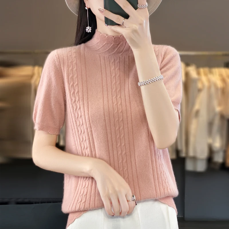 

New Spring Summer Woolen Sweater Women's Half High Neck Pullover 100% Pure Wool Solid Color Simple Jacquard Knitted Half Sleeves