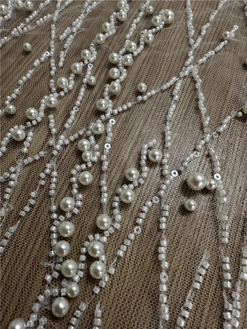 High Quality Hand Sew Pearls  Off White Unique Wedding Dress Embroidery Beaded Sequins Lace Fabric Sell By 1 Yard