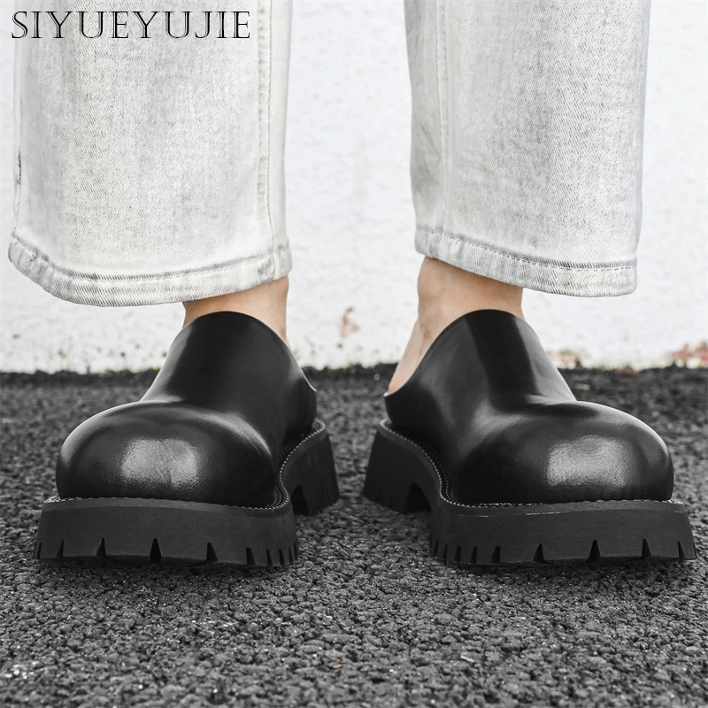 2024 Summer New Street Style Mules For Men's Solid Black Leather Hombre Daily Dress Height Increasing Shoes Slip-On Casual Trend