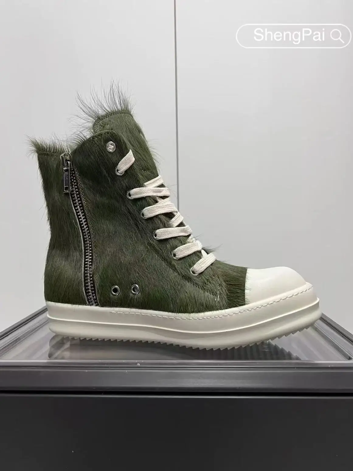 

Ricks Army Green Long Horsehair High Top Shoes Owens Men's Sneakers Leather Casual Shoes Zip Lace-up Design Women's Shoes & Boot