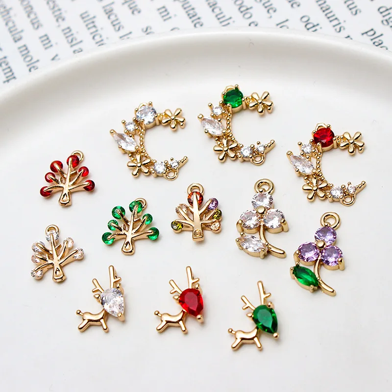 1pcs Diy Jewelry Accessories Cast Copper Micro-set Zircon Moon Flower Small Tree Deer Pendant Earrings Material Handmade Charms