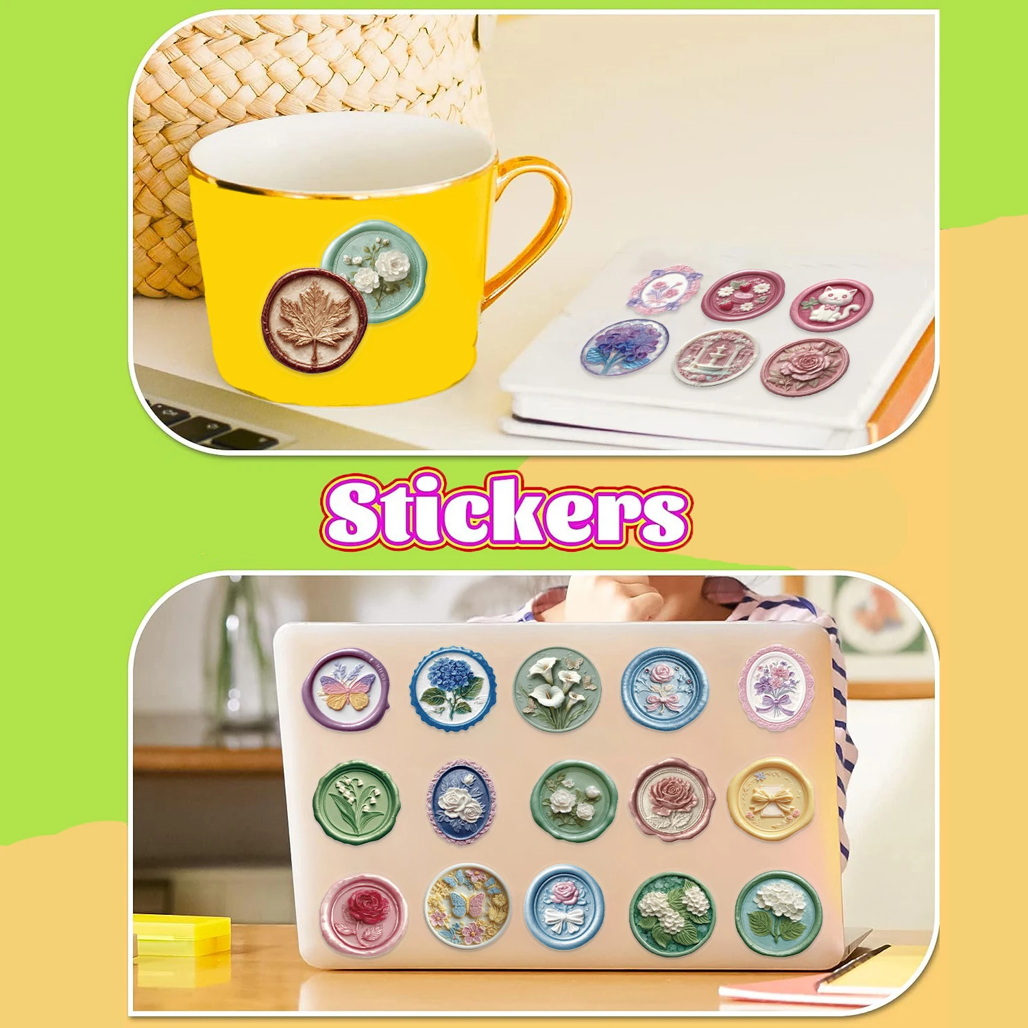 50pcs Retro Classical Wax Seal Art PET Stickers Waterproof PVC Snowflake Butterfly Love Moon DIY Phone Case Scrapbook Envelope