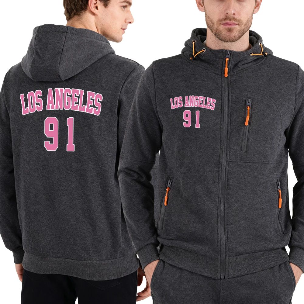 

Los Angeles Number 91 Print Men Zipper Hoodie Vintage Personality Hooded Street Casual Clothing Autumn Fashion Pocketed Hoody