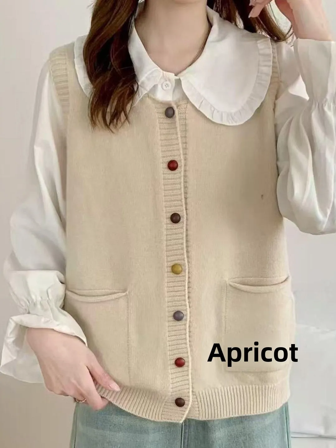 Fashionable Korean Style Knitted Cardigan Women's Vest Single Row Color Buckle Simple Top for Autumn Winter New Arrival