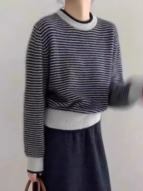 Diamond round neck striped cashmere sweater female mulberry silk sweater simple long sleeve cashmere bottoming shirt