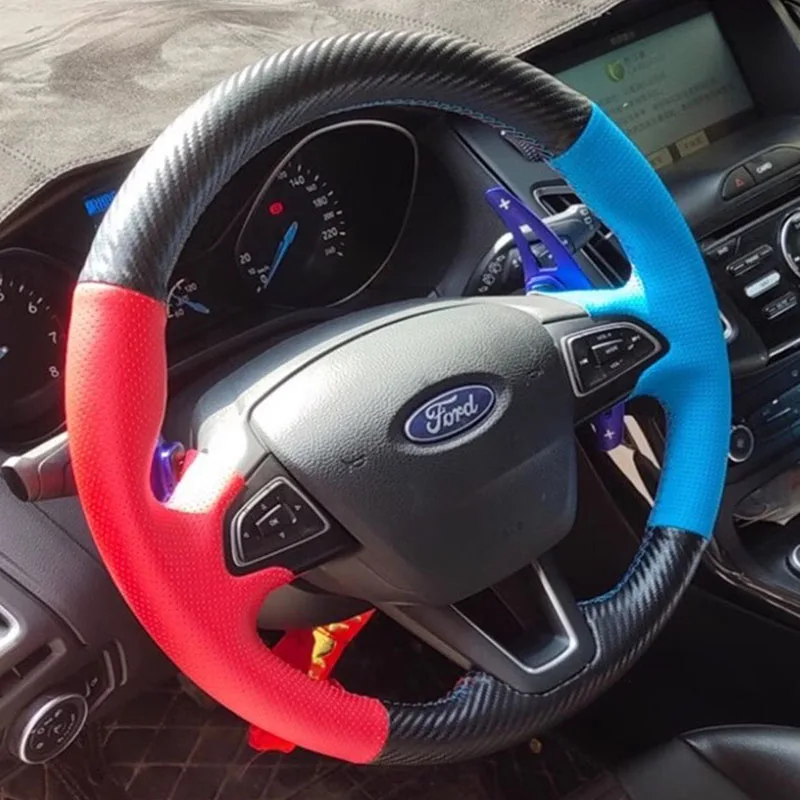 

Сшитый вручную чехол на руль из натуральной кожи из углеродного волокна для Ford Focus 3 Kuga Escape C-MAX Ecosport 2016-2019