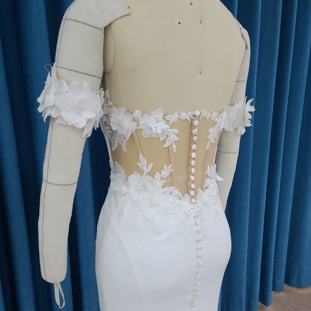 First-rate Brand New Wedding Dresses For Women Scoop Button Lace Customized A-line Satin Vestidos De Novia LSSM013