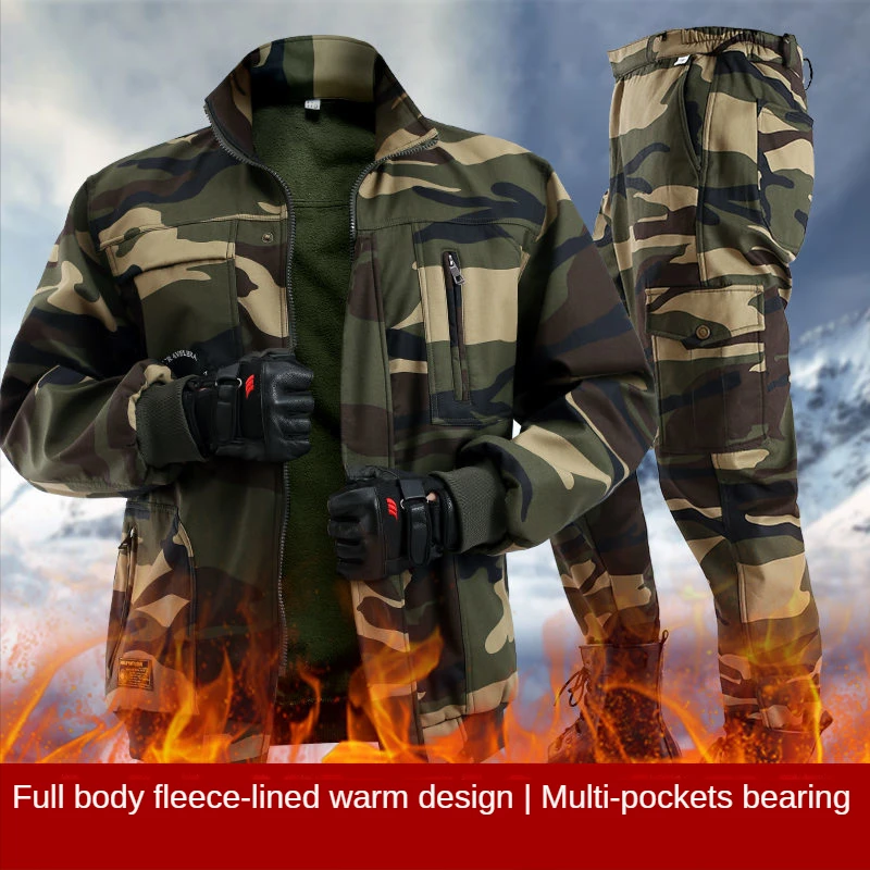 Autumn And Winter Plush Thickened Work Clothes Suit Men\'s Cold Proof Warm Keeping Camouflage Suit Auto Repair Labor Protection