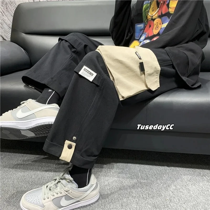 

High Street Color Matching Cargo Pants Men Loose Straight Wide Leg Trousers Streetwear Japanese Pocket Casual Sweatpants Homme