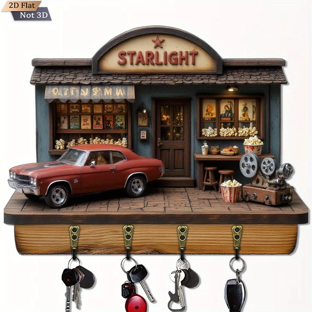 2D Flat Surface, 1pc, Starlight Cinema Key Hook, Wooden Multi-functional Home Key Holder with Four Metal Hooks, Wall