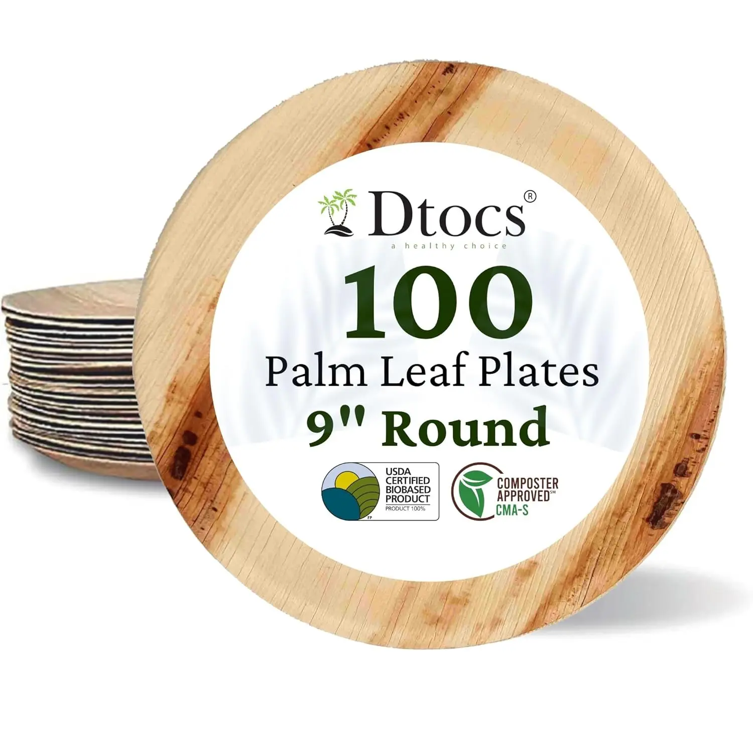 

Bamboo Plates Disposable Like 9"" Round Palm Leaf Plates [100] - Serving Platters, Charcuterie Boards, Wedding Dinner Plates