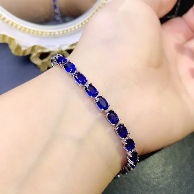 Women's Hand Bracelets Sapphire Blue Luxury Adjustable Bracelet 4x6mm Tennis Bracelet 925 Sterling Silver Bracelet