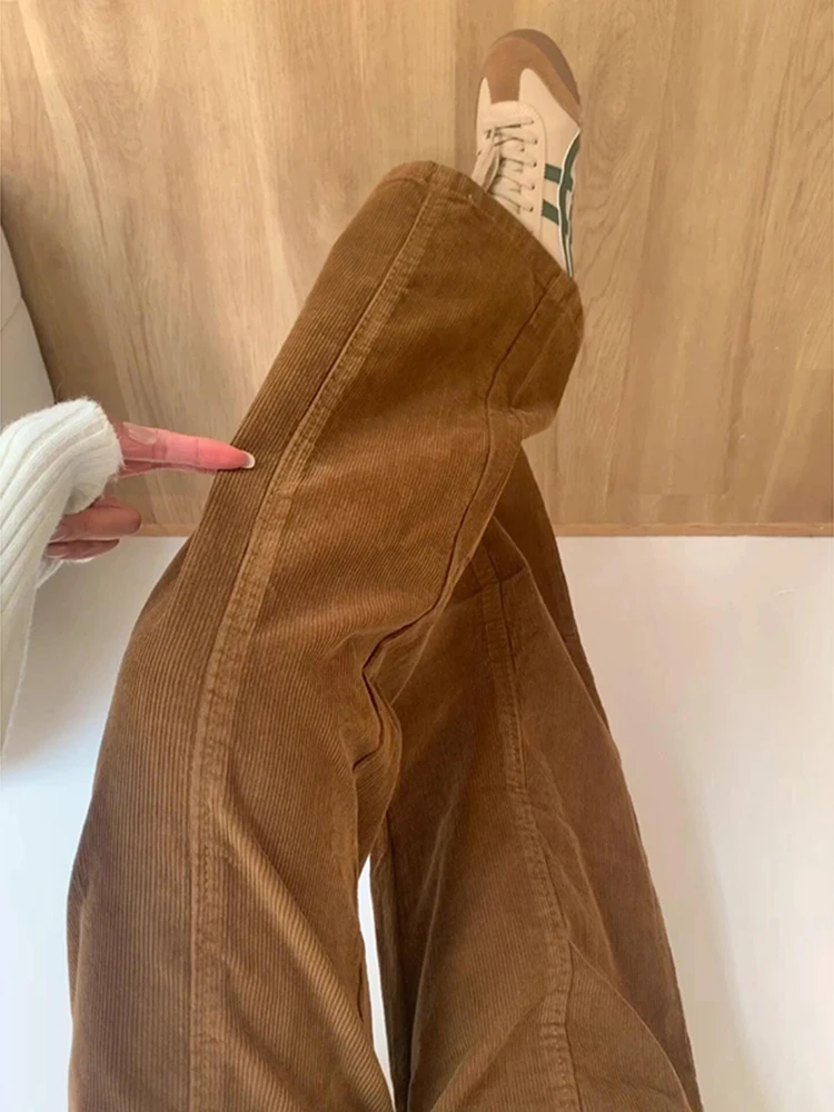 Khaki Corduroy Men's Autumn Winter Wide Leg Striped Casual Pants Straight Cut Sports Leisure Trousers American Sle Polyeste...