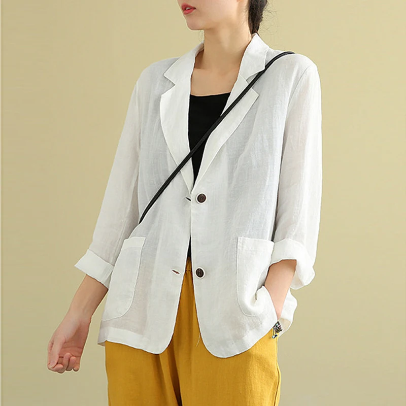 Casual Long Sleeve Linen Suit Jacket Versatile Spring Commute Style Loose Fit Pure Cotton Button Pocket Detail  Color