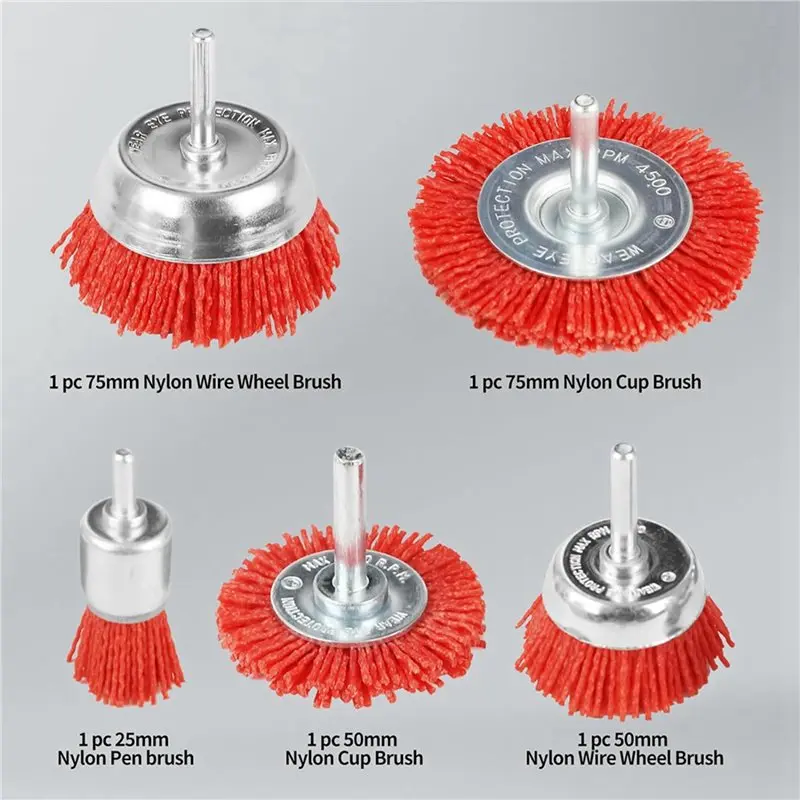 A01F-15 PCS Nylon Filament Abrasive Wire Brush Wheel & Cup Brush Set With 1/4Inch Drill Shank, Nylon Drill Brush Set , Red