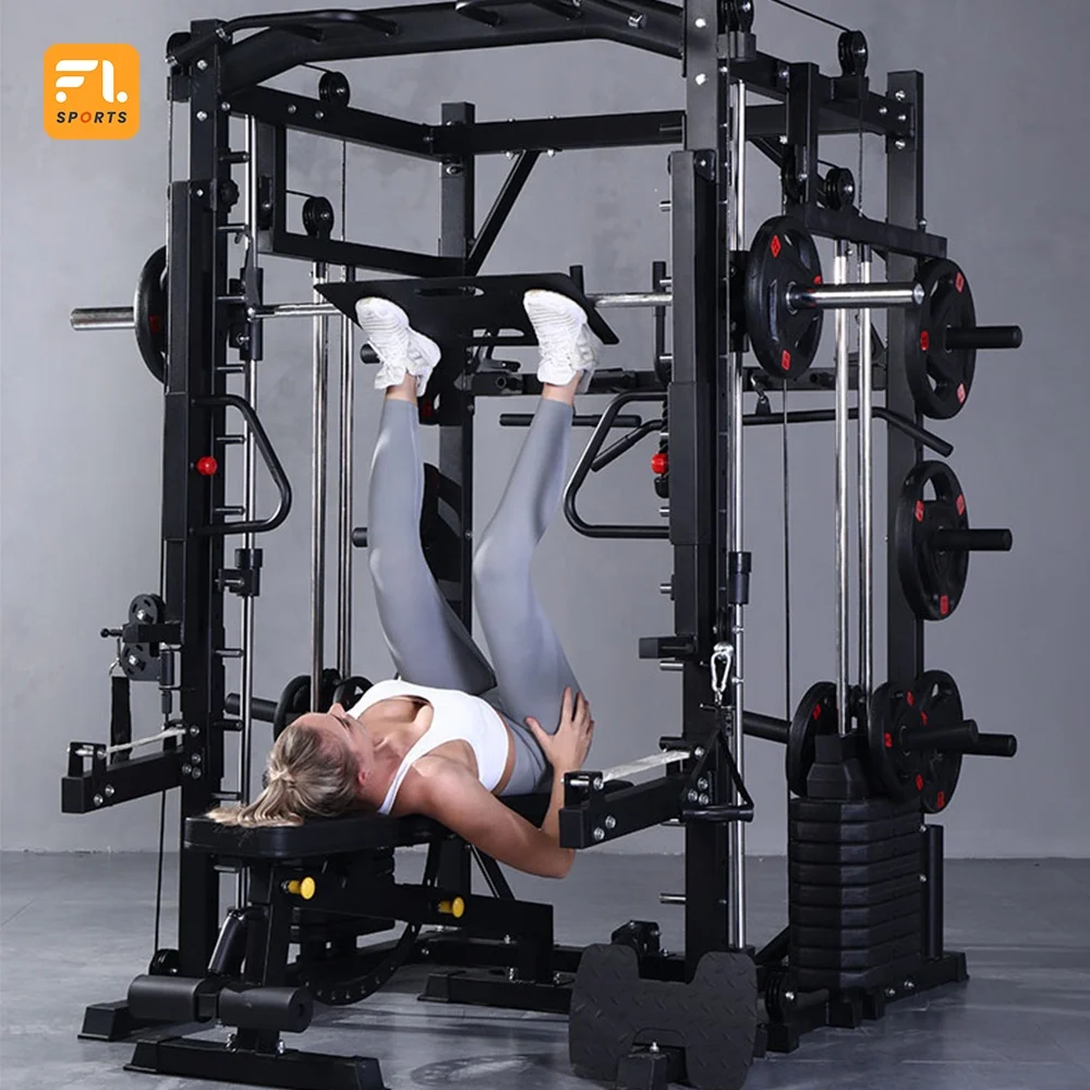 Smith Machine, Multifunction Power Cage with Smith Bar and Two LAT Pull-Down Systems and Cable Crossover Machine for Home Gym