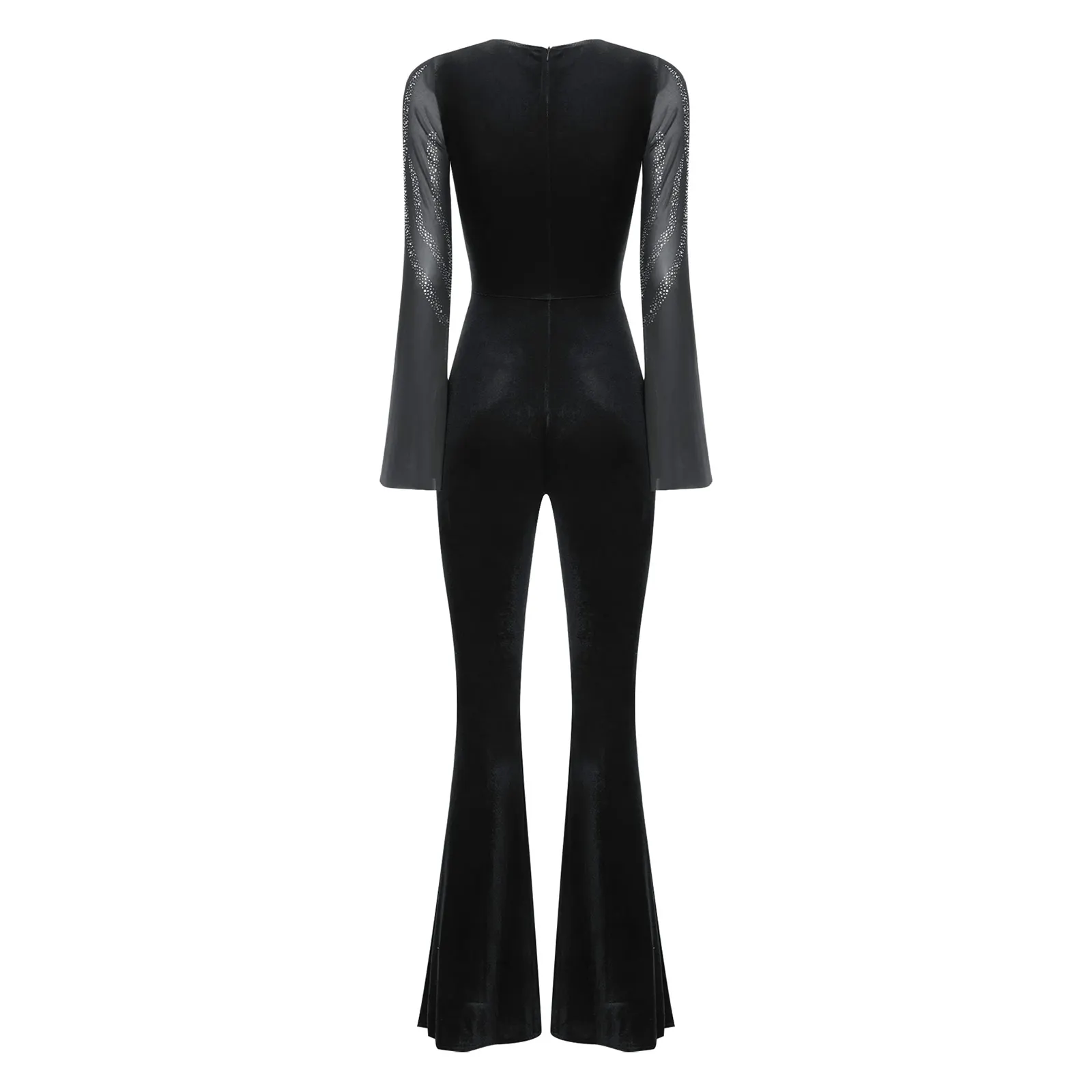 Women Sparkly Rhinestones Jumpsuit Tulle Flare Long Sleeve Bodysuit Ballet Jazz Dance Cha-cha Tango Skating Gymnastics Costume