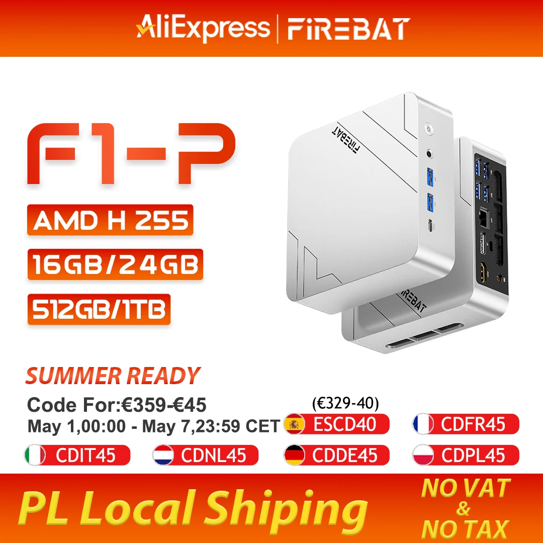 Firebat Mini PC F1 P AMD Ryzen 7 H 255 DDR5 16GB 24G 512GB 1TB SSD Windows 11 Pro Computador Mini Desktop para Jogos Wi-Fi 6 USB4.0