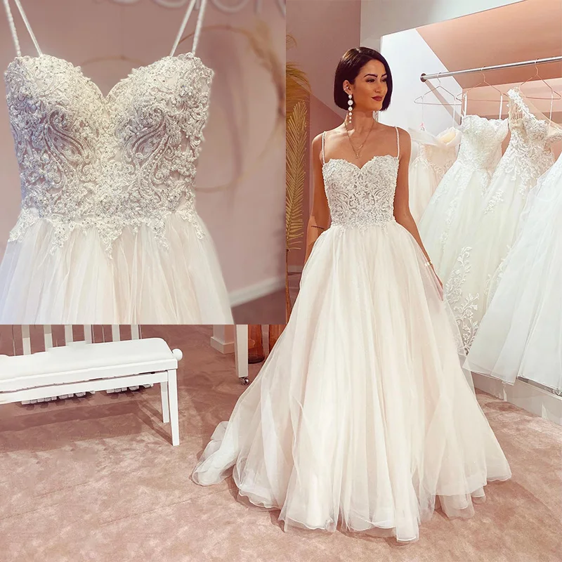 

Elegant Sweetheart Lace Applique Boho A Line Wedding Dress for Women Spaghetti Straps Beach 2023 Vintage Wedding Gowns