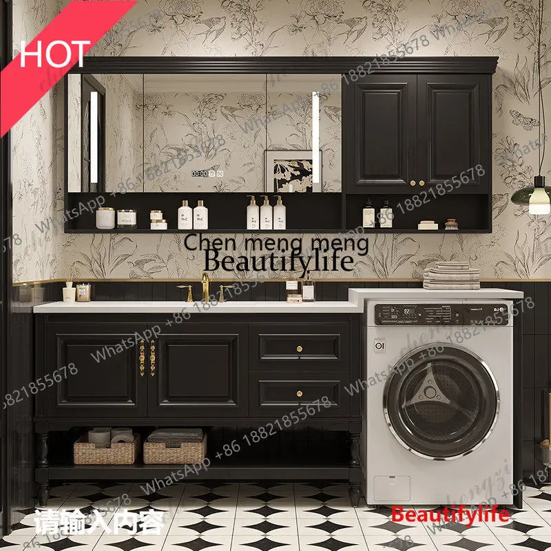 03 Oak Wood Washer Cabinet Set  American Retro Style Bathroom Vanity with Granite Hot-Bent Sink and Wash Basin