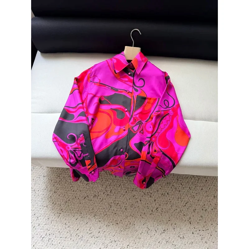 2026 Women Purple-red  Geometric Pattern Long Sleeve Silk Shirt