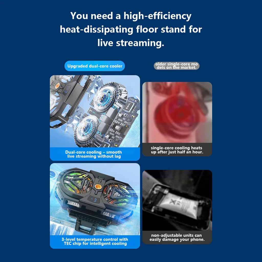 Dual‑Core Semiconductor Phone Cooler 3‑Level Temp Control Digital Display Silent Cooling Fan For Game Live Stream Vlog Shooting