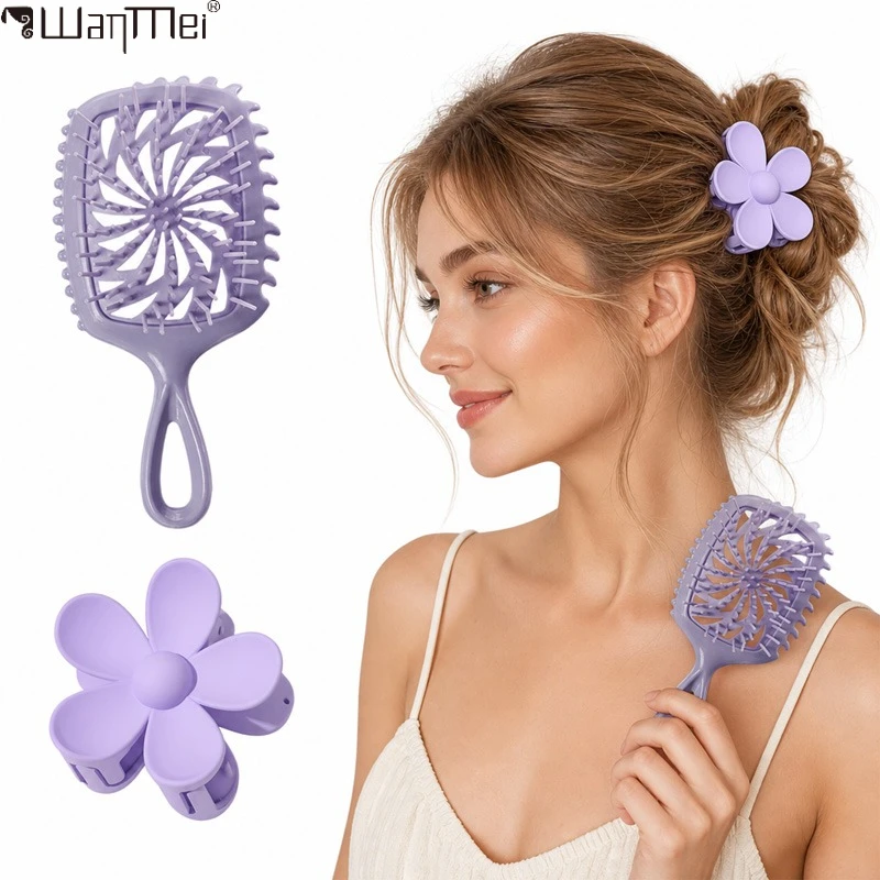Hollow Detangling Hair Brush With Flower Hair Claw Clip Set Women Scalp Massage Comb Fashion Hair Accessories Daily Hairstyle