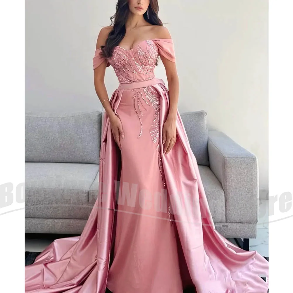 

Fashion Off The Shoulder Evening Dress Chic Sequined Beaded Satin Mermaid Prom Gown Sweep Train Formal Women Party Dress