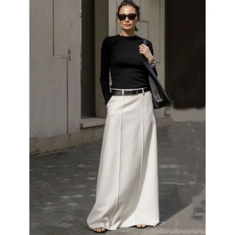 

Missuoo H-line High Waisted Skirt Black White Solid Color Loose Fit Causal Streetwear Bottoms Floor Length Skirts for Women