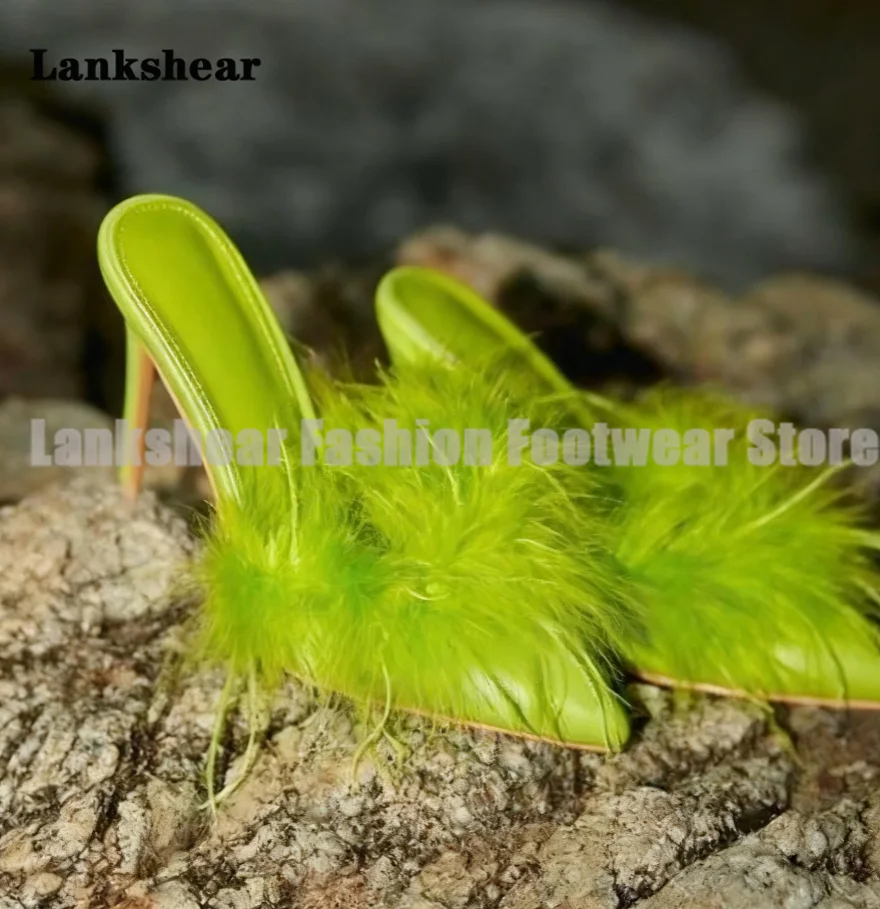 

Furry Stiletto Heels Mules Slippers Women Shoes Summer Pointy Toe Pull On Slippers Elegant Party Shoes Sandalias De Mujer Verano