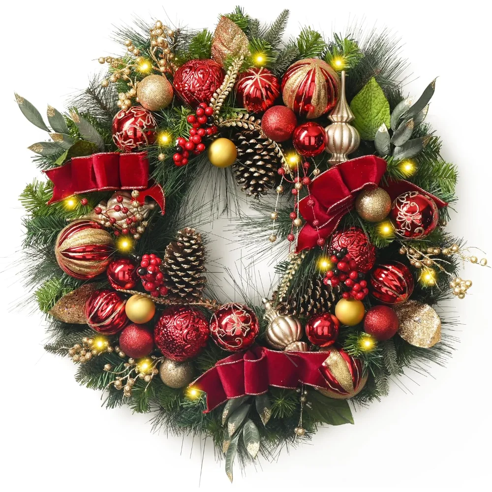 

30 Inch Pre-Lit Christmas Wreath for Front Door with Light, Large Lighted Christmas Wreath with Red Gold Xmas Ball